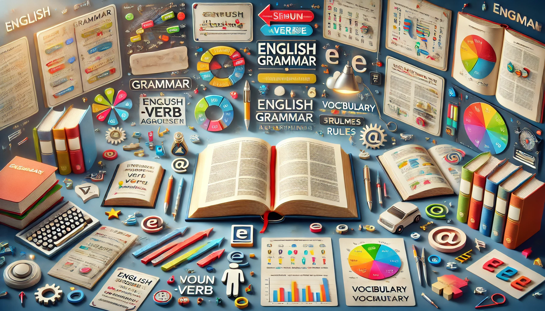 open grammar books, colorful grammar charts, punctuation symbols, and vocabulary cards scattered around. 