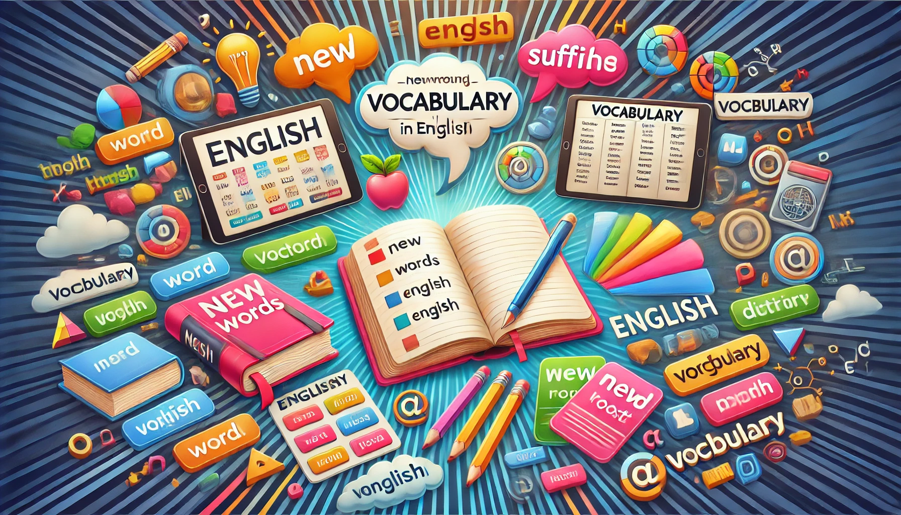 an open notebook with new words written down, flashcards with English words, and vocabulary apps displayed on digital devices.