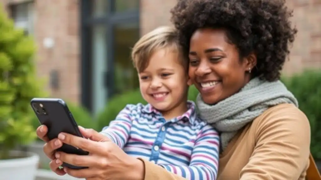 a smiling parent using a phone to monitor their child's location for safety.