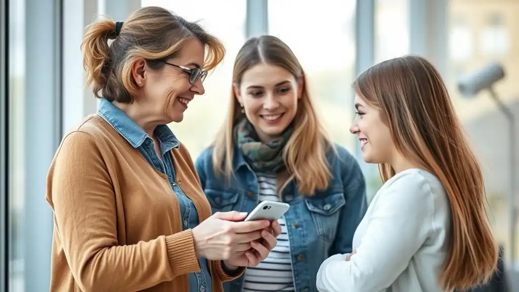 A middle-aged woman talking to her teenage daughter and holding a smartphone in her hands