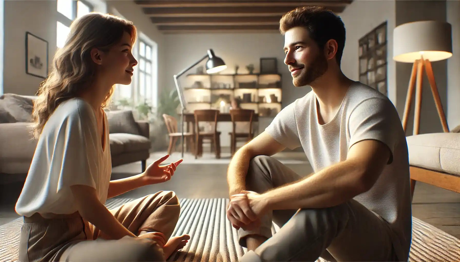 Two people sitting close together on the floor, engaged in a friendly and natural conversation to practice their English speaking skills.