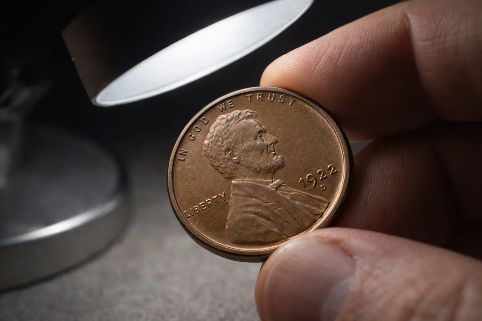 Collector tilting a 1922 Lincoln cent under a desk lamp to inspect the mint mark area.
