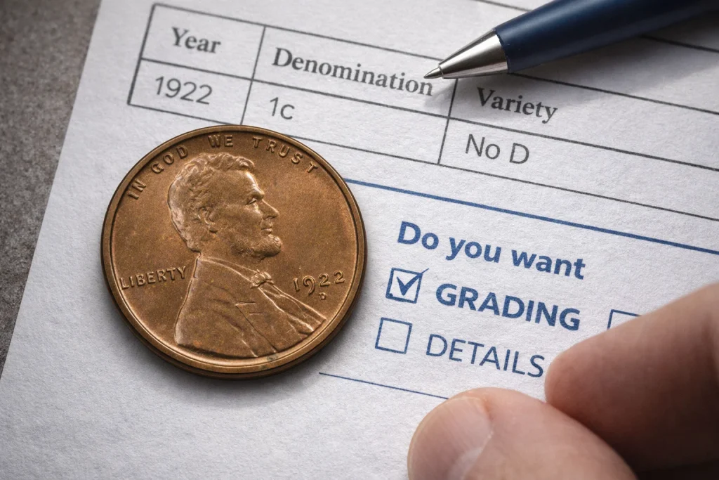 Collector tilting a 1922 Lincoln cent under a desk lamp to inspect the mint mark area.